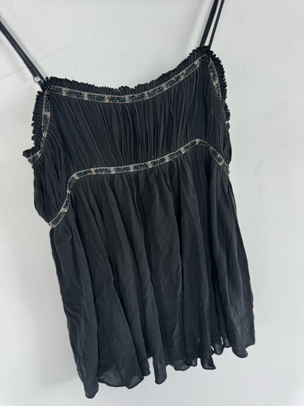 Express Black Pleated Silk Spaghetti Strap Camisole with Beaded Trim Size Medium